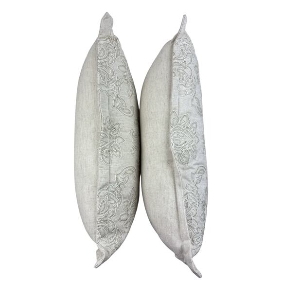 Luxury Throw Pillows Embroidered Rectangular Decor Linen Blend Natural 20”X14” - Picture 4 of 14